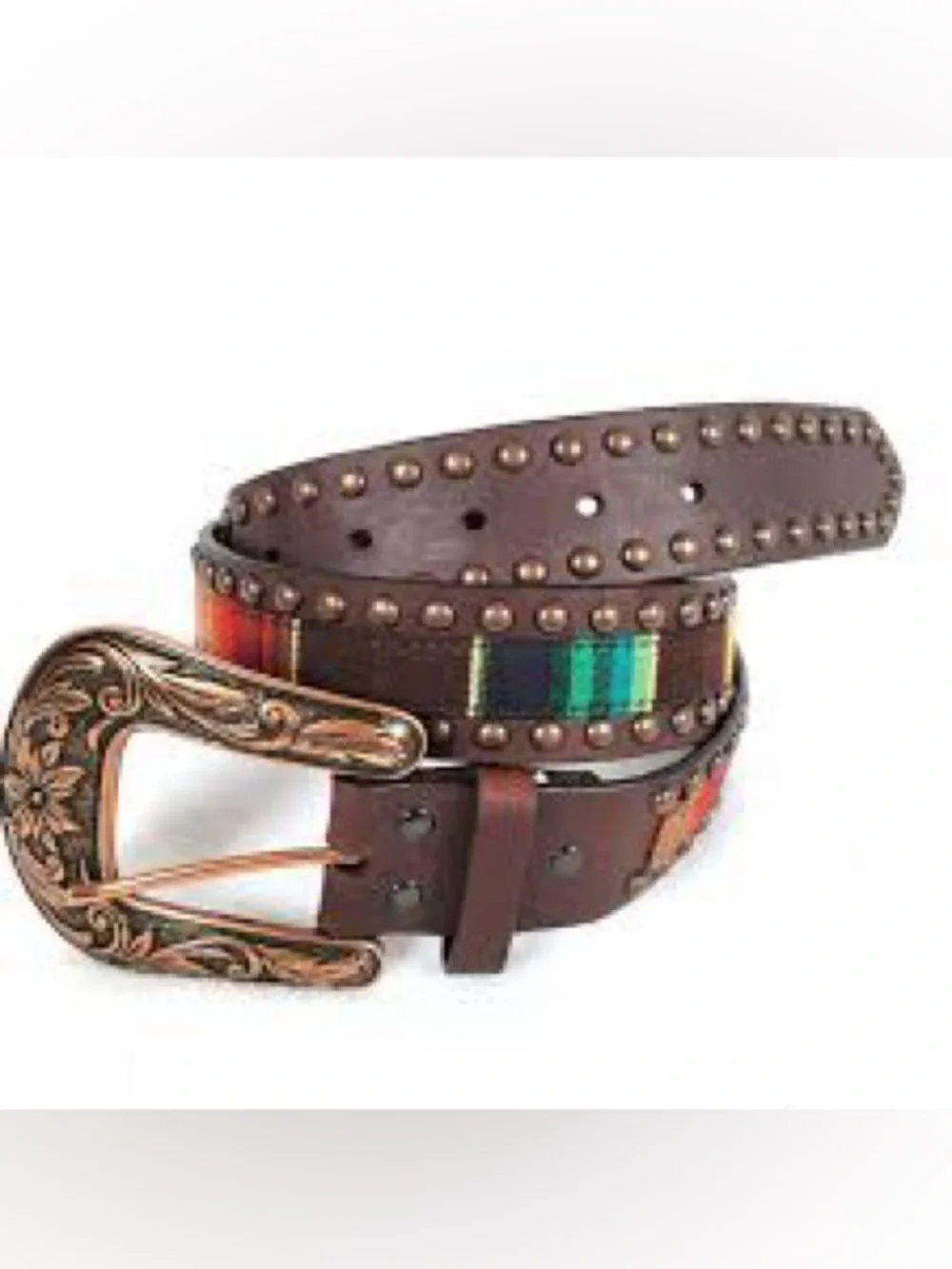 Ariat Brown Leather Belt with Copper Studs & Multicolor Stripe